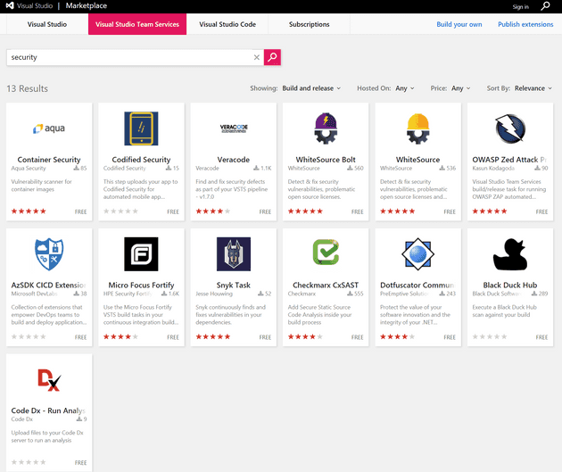 The VSTS Marketplace helps you in finding security tools