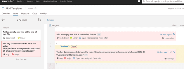 The $schema rule shows up as an issue in SonarQube