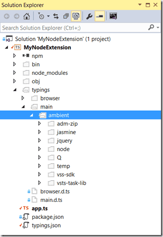 Solution Explorer in Visual Studio showing the Typing files